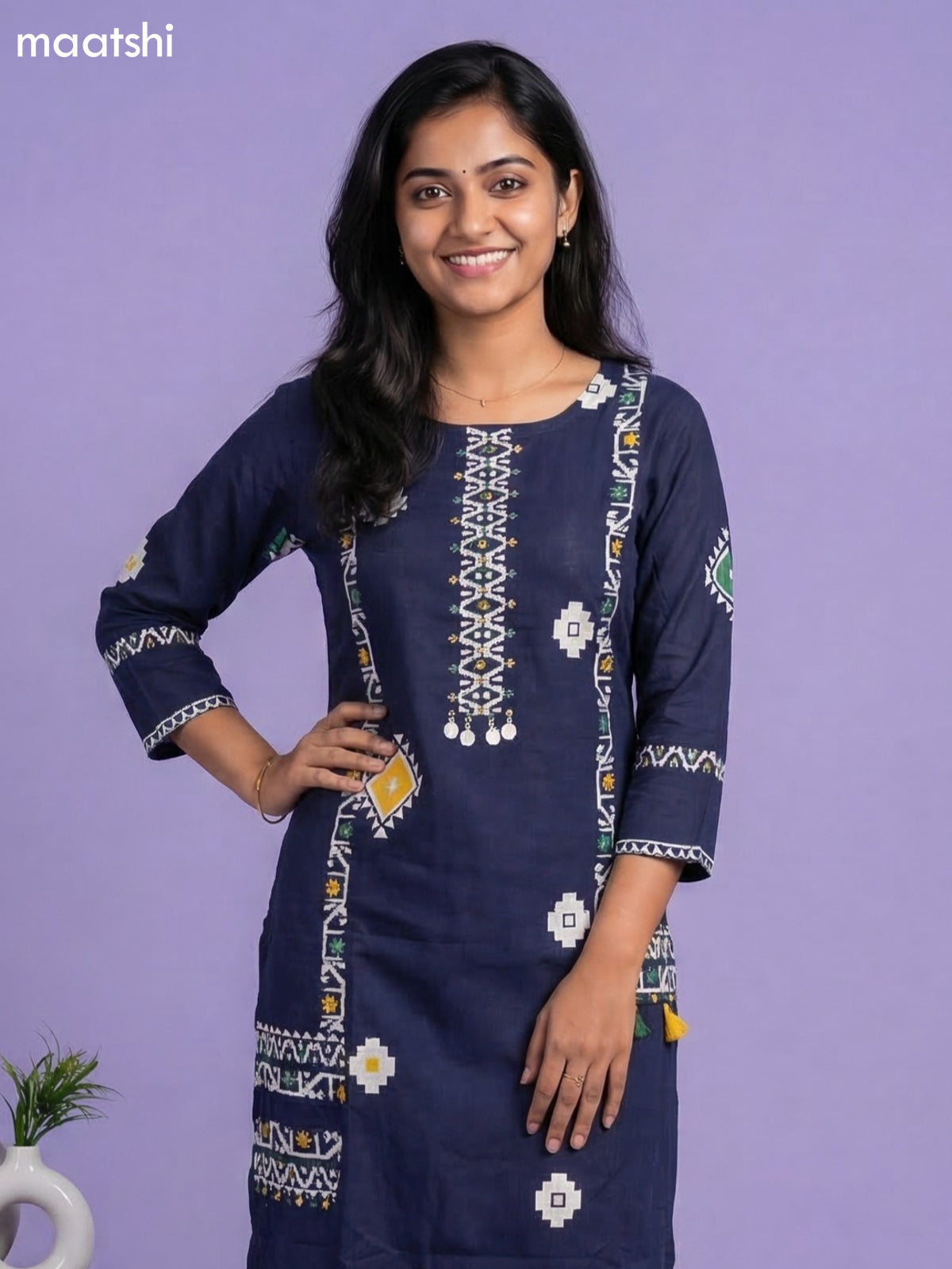 Navy Blue Cotton Printed & Simple Embroidery Work Straight Suit