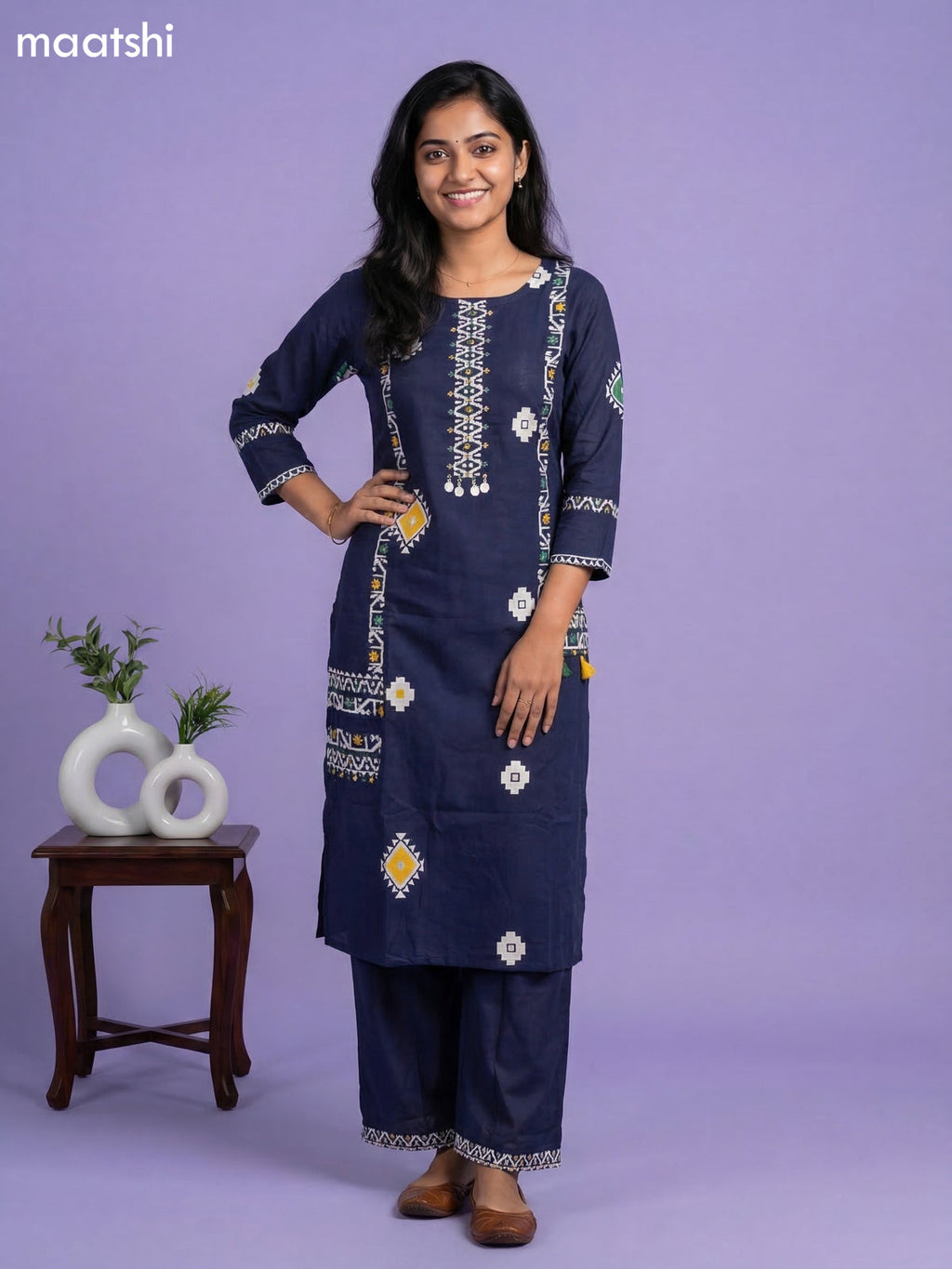 Navy Blue Cotton Printed & Simple Embroidery Work Straight Suit