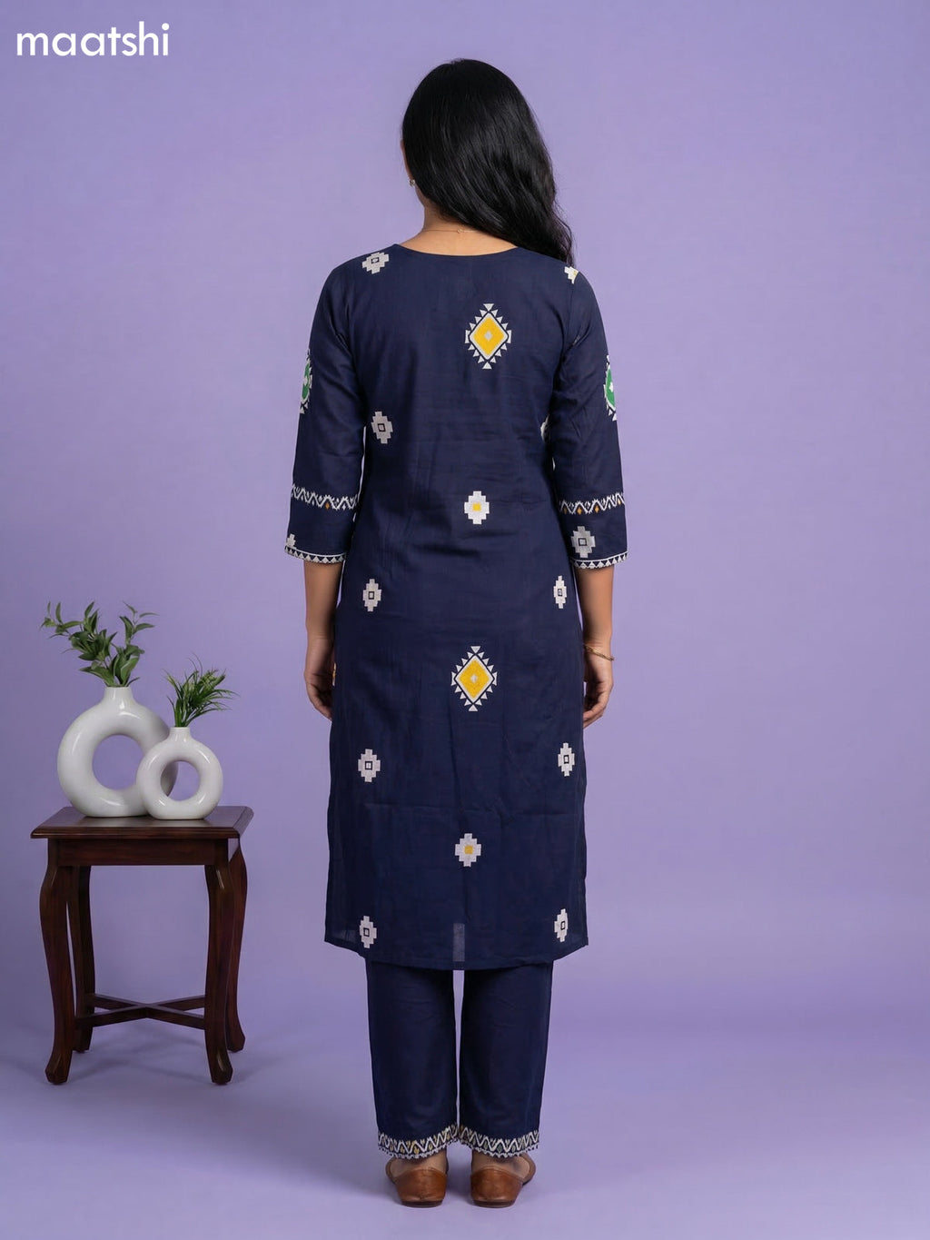Navy Blue Cotton Printed & Simple Embroidery Work Straight Suit