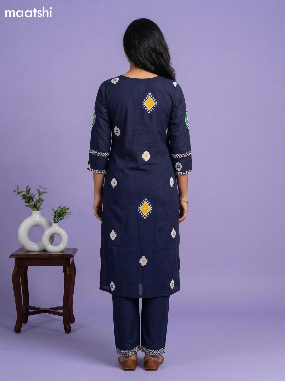 Navy Blue Cotton Printed & Simple Embroidery Work Straight Suit
