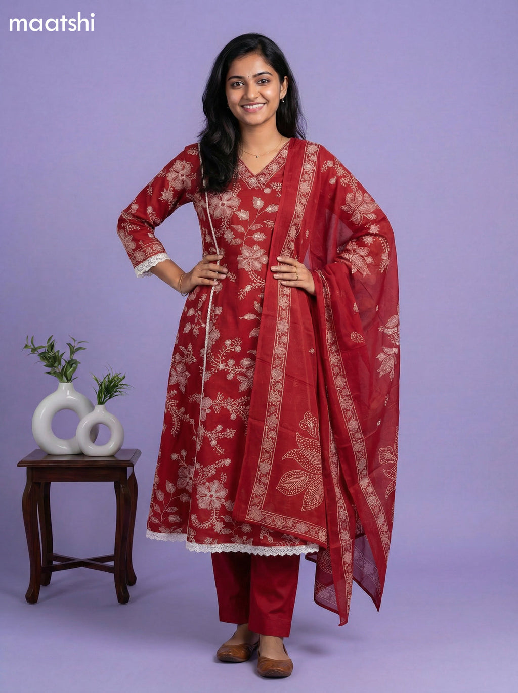 Maroon Cotton Floral Printed Anarkali Suit