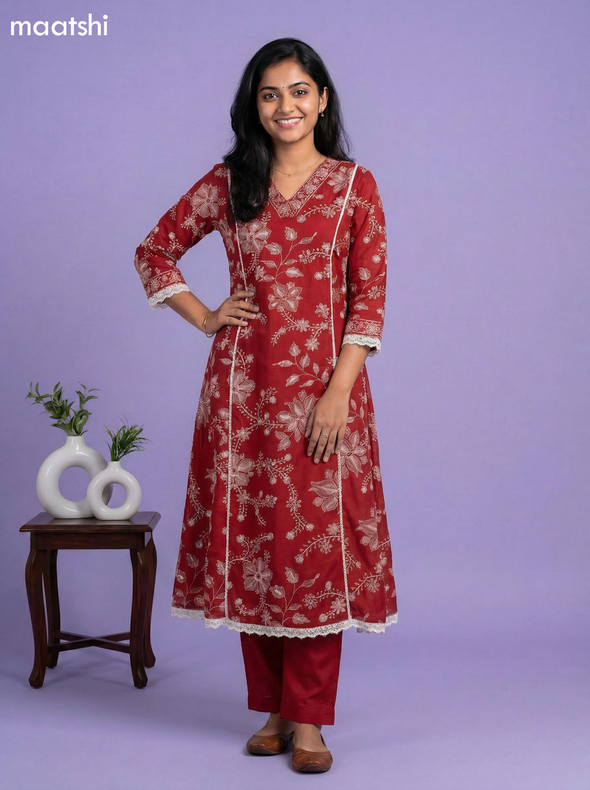 Maroon Cotton Floral Printed Anarkali Suit