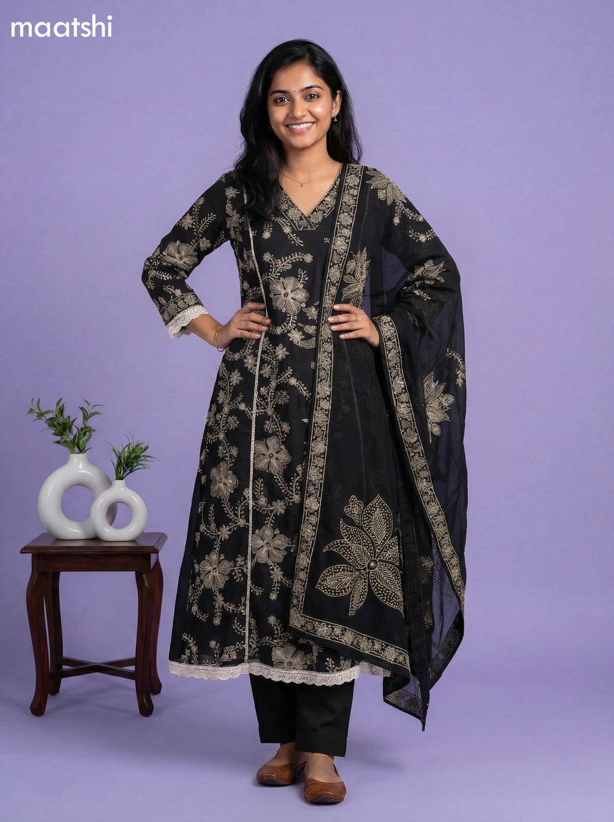 Black Cotton Floral Printed Anarkali Suit