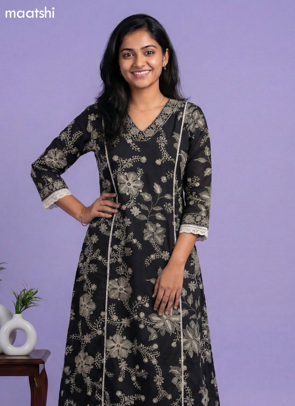 Black Cotton Floral Printed Anarkali Suit