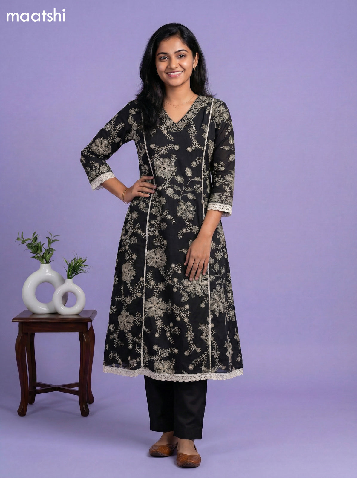 Black Cotton Floral Printed Anarkali Suit