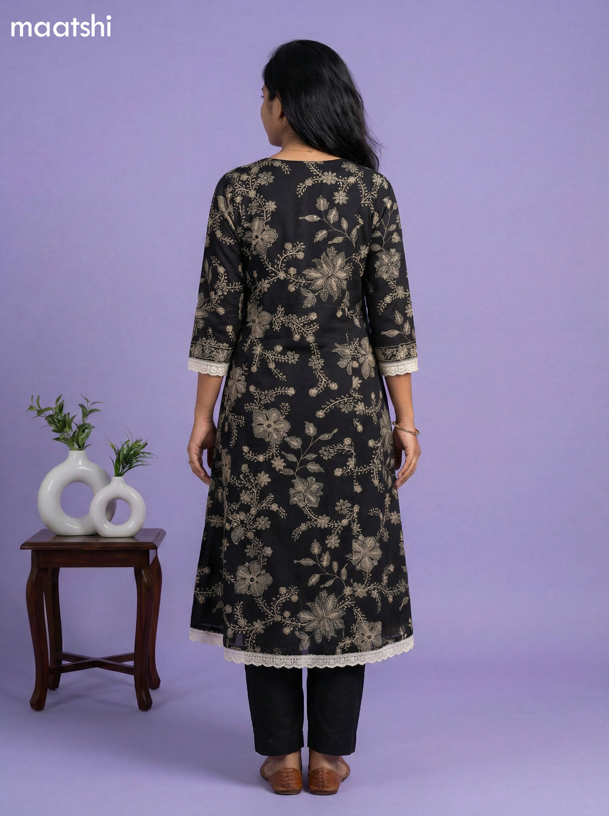 Black Cotton Floral Printed Anarkali Suit