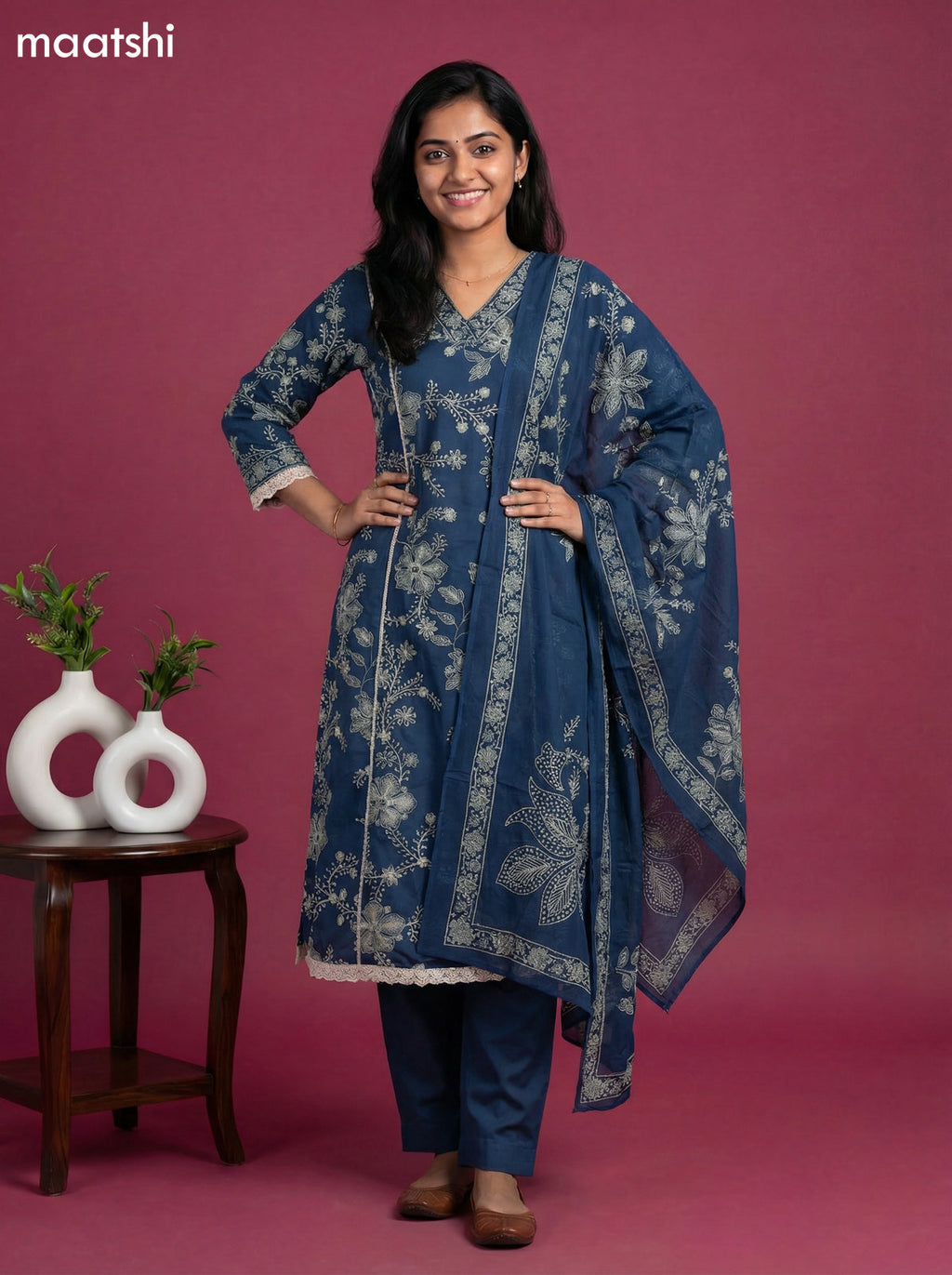 Peacock Blue Cotton Floral Printed Anarkali Suit