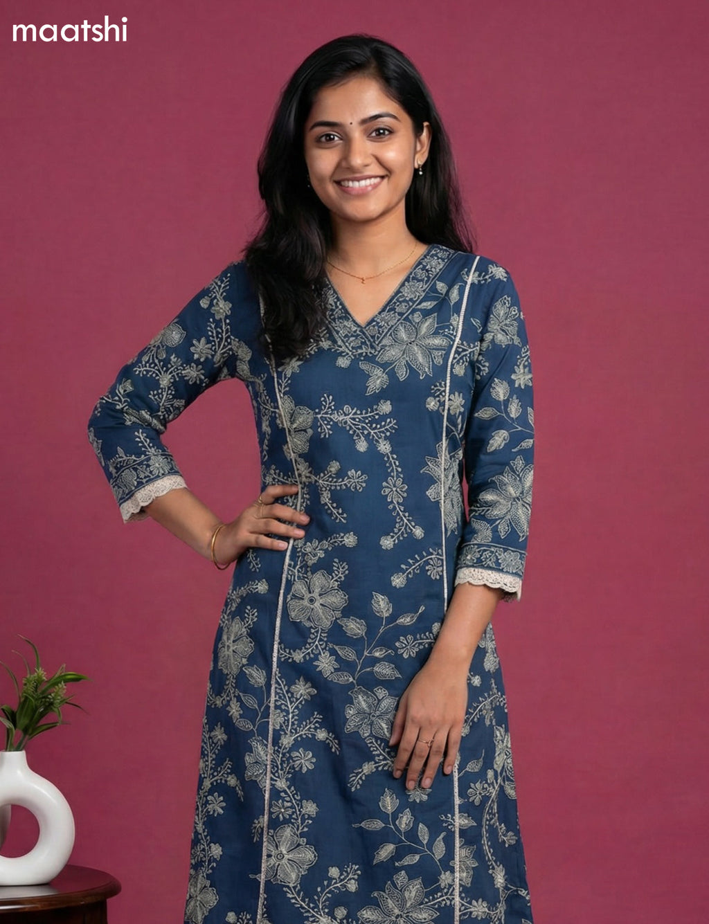 Peacock Blue Cotton Floral Printed Anarkali Suit