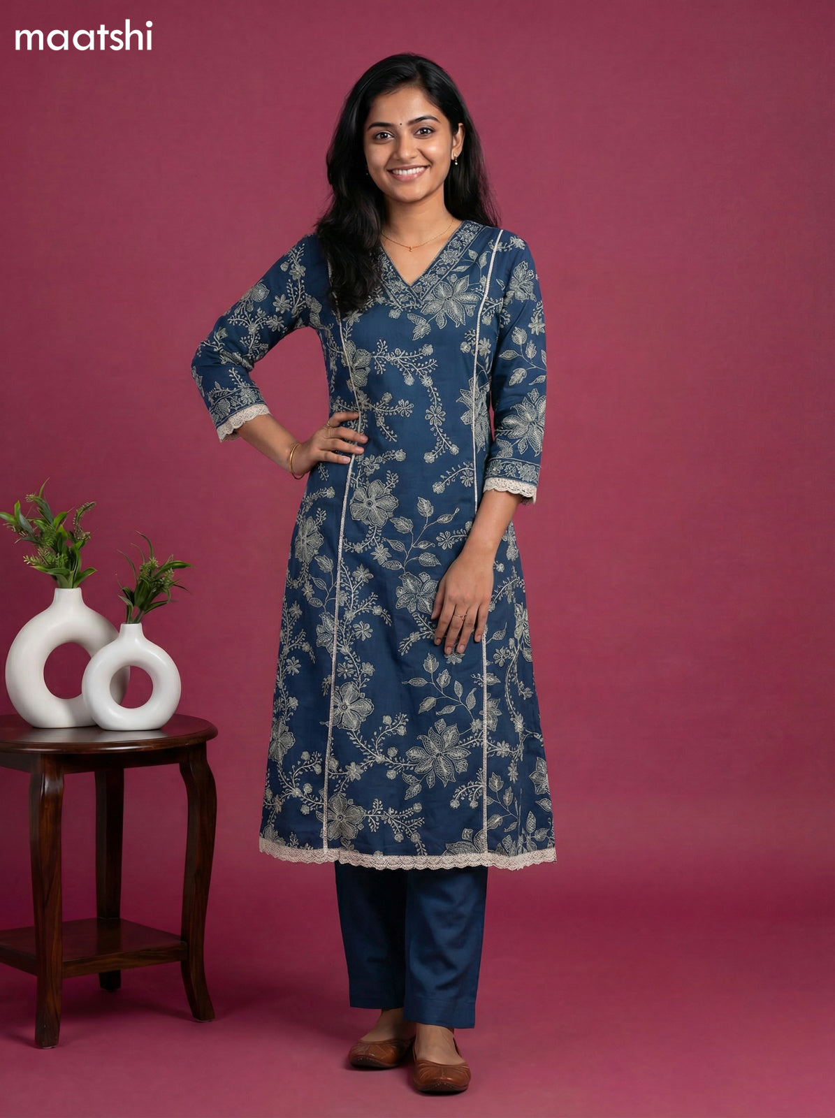 Peacock Blue Cotton Floral Printed Anarkali Suit