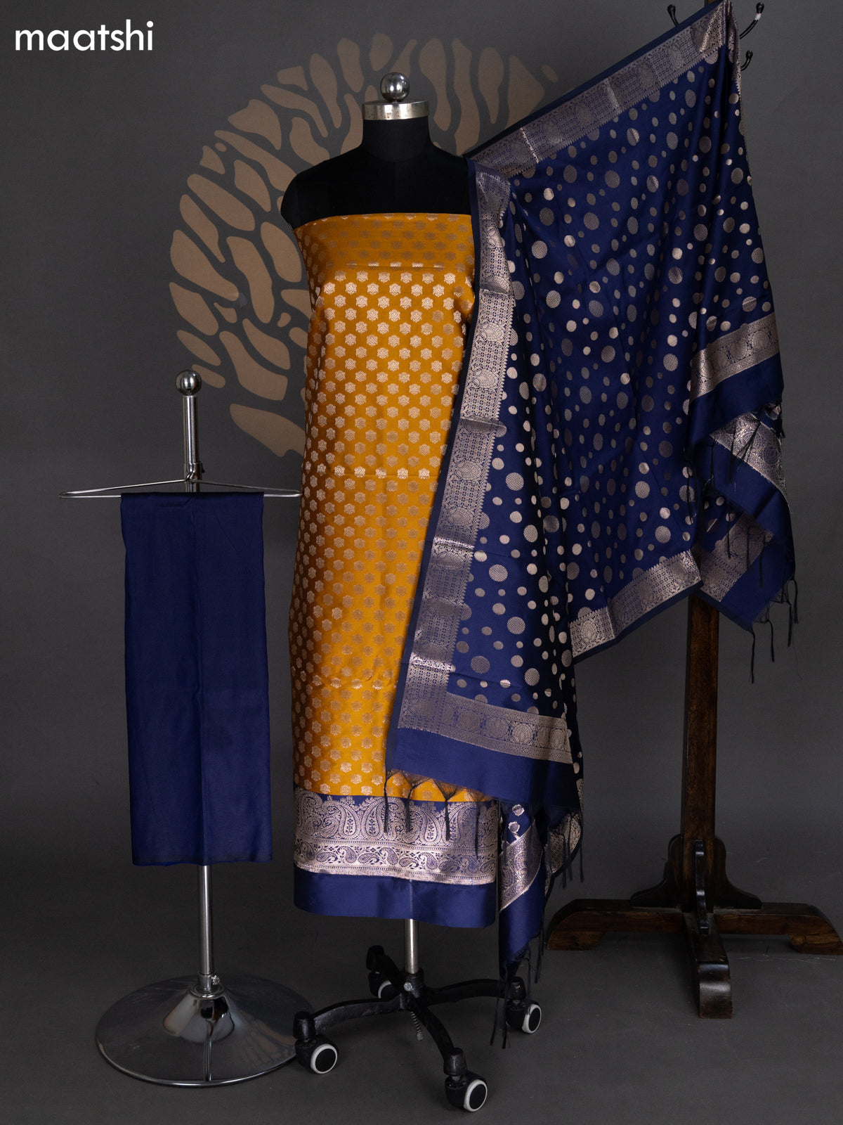 Mustard Yellow and Navy Blue Banarasi Silk Dress Material With Allover Zari Buttas