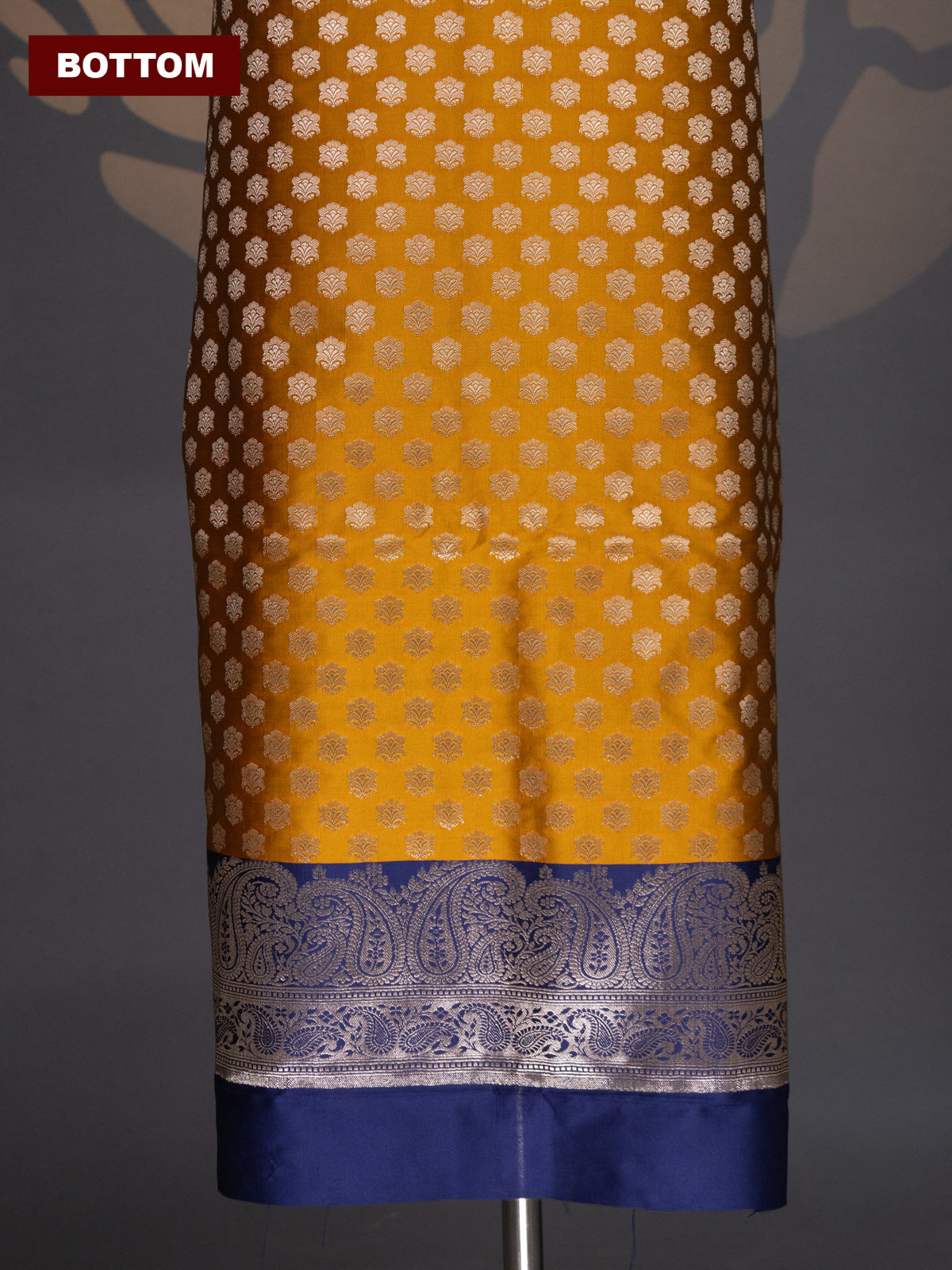 Mustard Yellow and Navy Blue Banarasi Silk Dress Material With Allover Zari Buttas