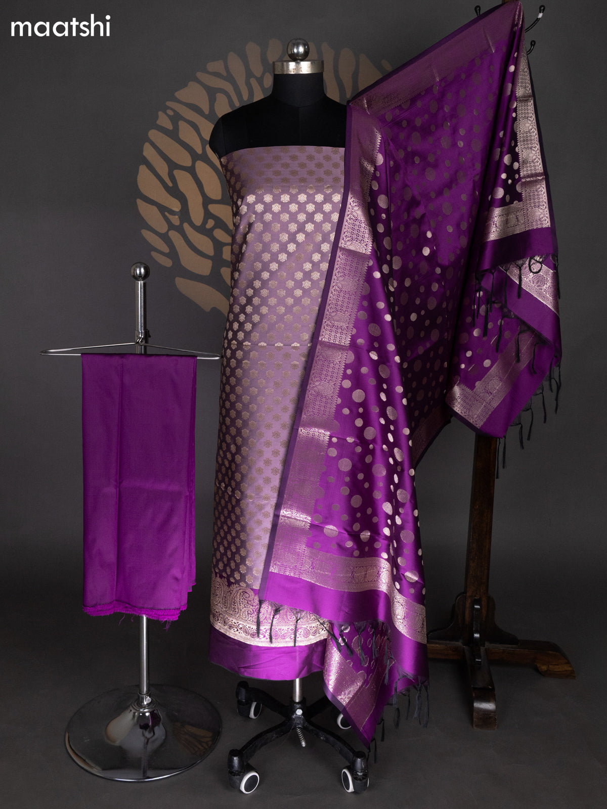 Pastel Purple and Purple Banarasi Silk Dress Material With Allover Zari Buttas