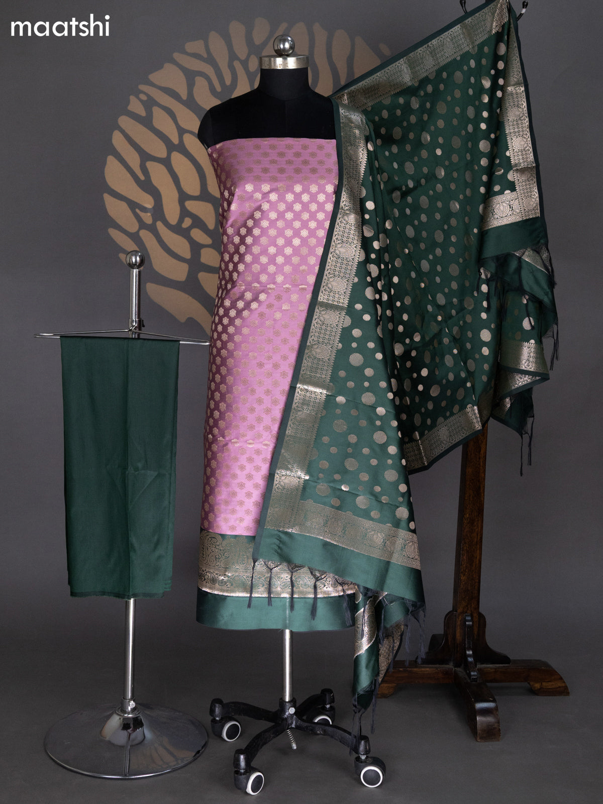 Pastel Pink and Green Banarasi Silk Dress Material With Allover Zari Buttas