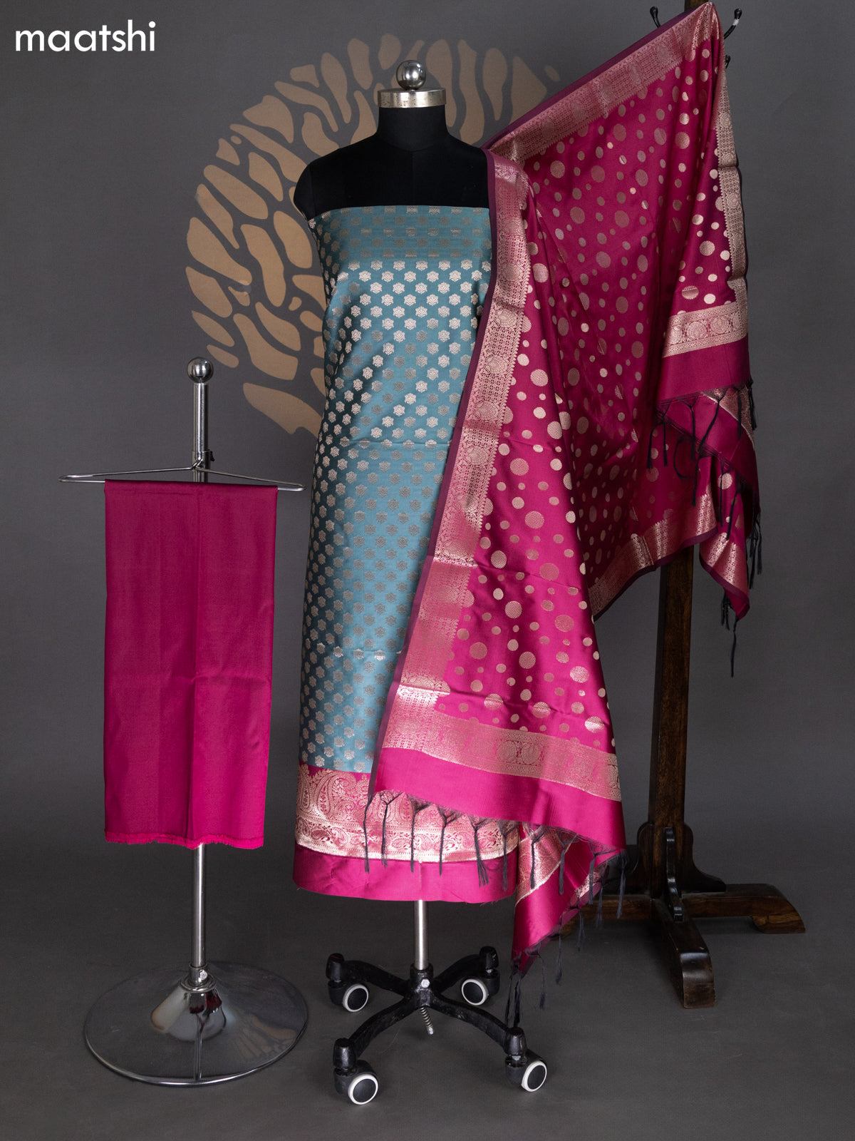 Grey and Magenta Pink Banarasi Silk Dress Material With Allover Zari Buttas