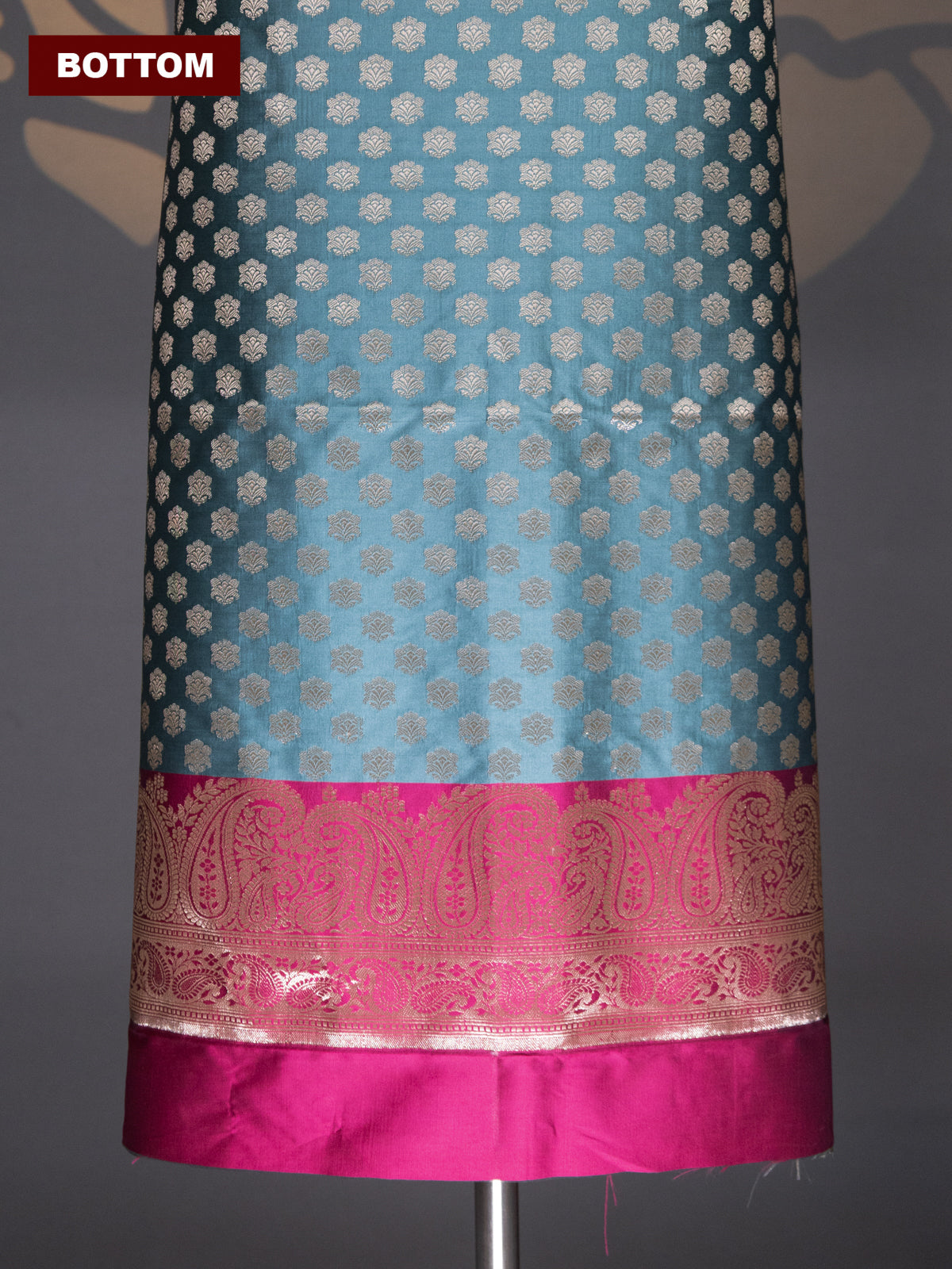 Grey and Magenta Pink Banarasi Silk Dress Material With Allover Zari Buttas