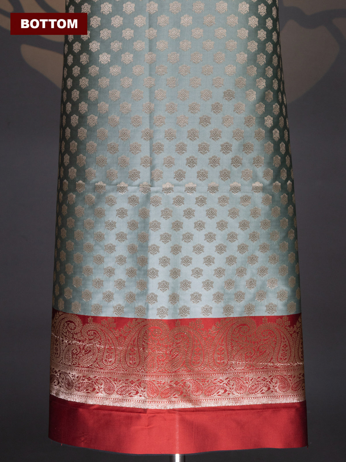 Elaichi Green and Maroon Banarasi Silk Dress Material With Allover Zari Buttas