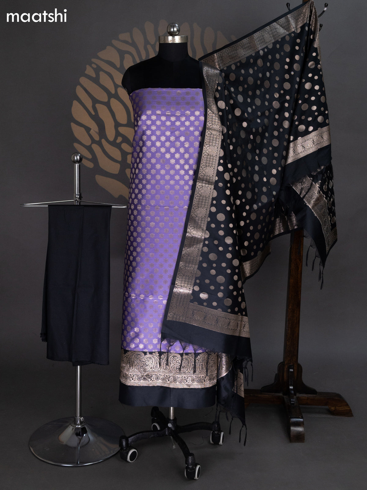 Lavender and Black Banarasi Silk Dress Material With Allover Zari Buttas