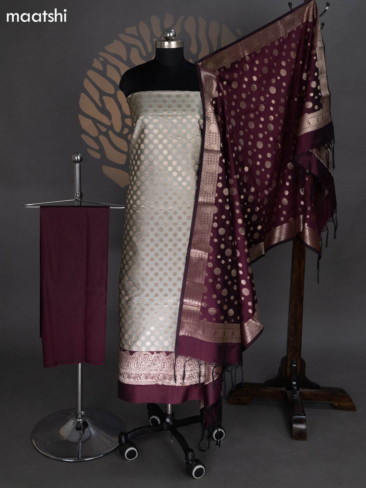 Elaichi Green and Deep Maroon Banarasi Silk Dress Material With Allover Zari Buttas