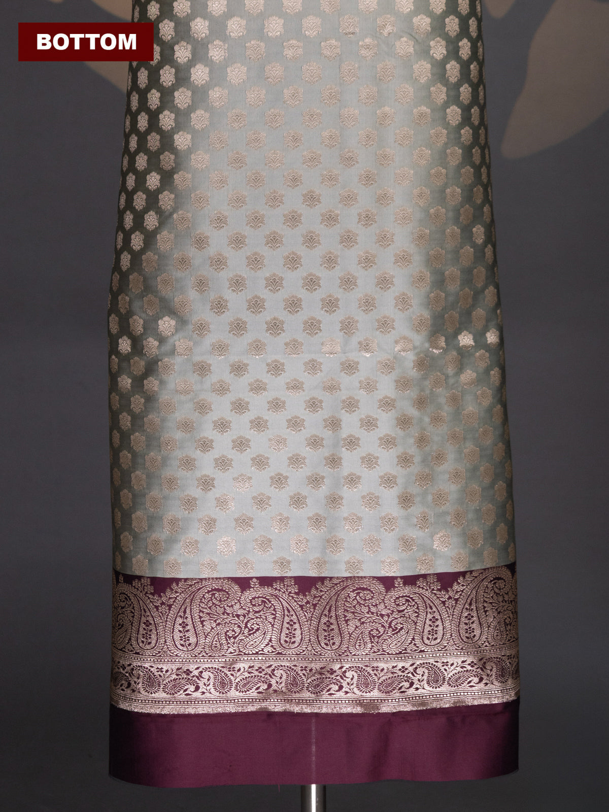 Elaichi Green and Deep Maroon Banarasi Silk Dress Material With Allover Zari Buttas