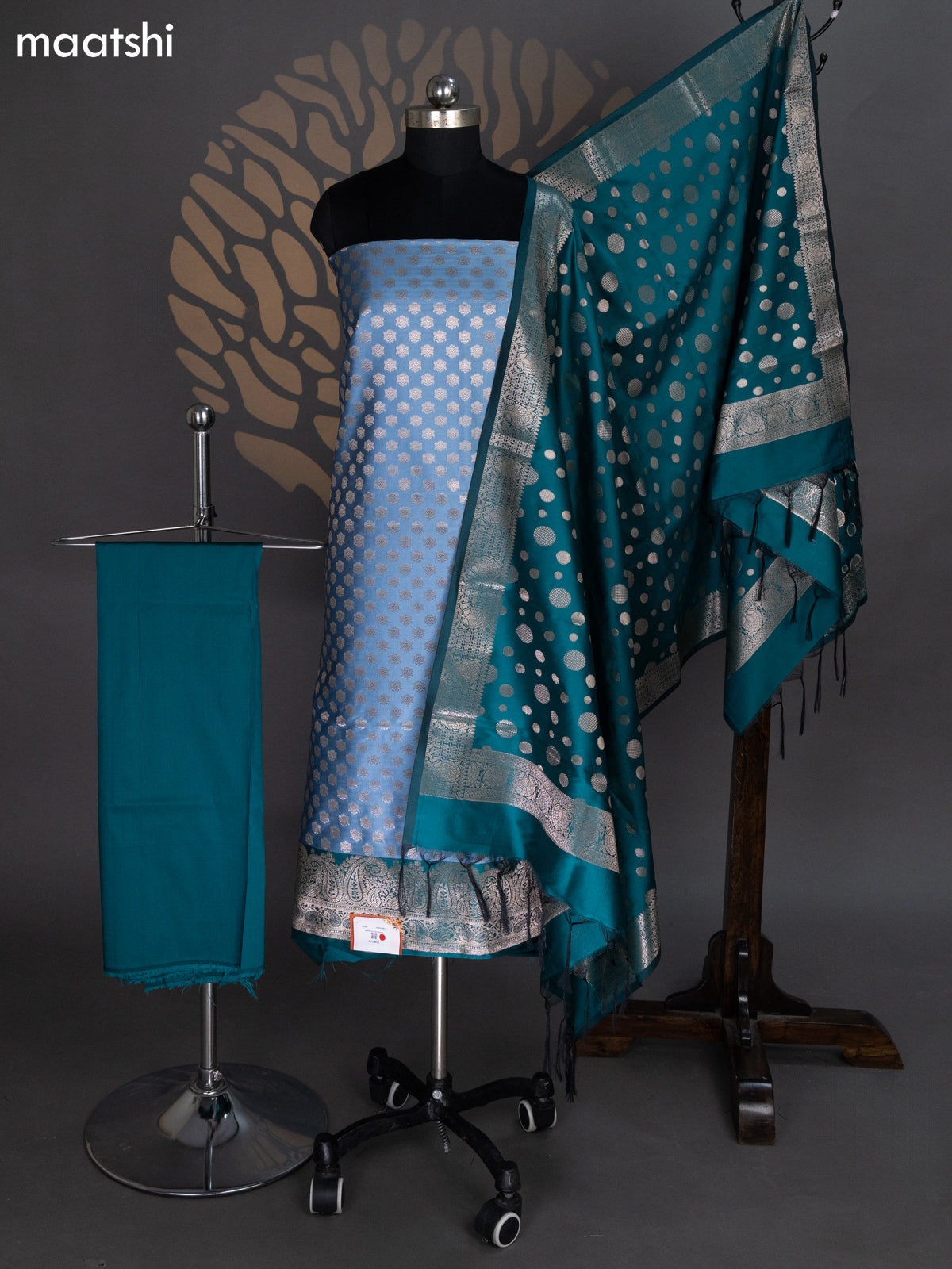 Pastel Blue and Teal Green Banarasi Silk Dress Material With Allover Zari Buttas