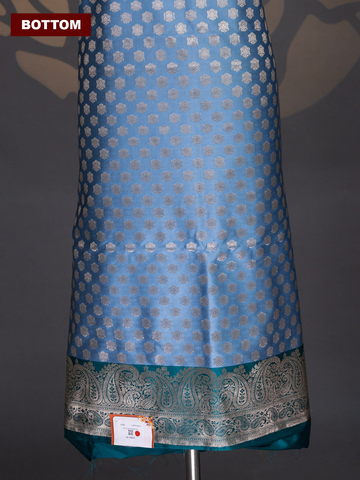 Pastel Blue and Teal Green Banarasi Silk Dress Material With Allover Zari Buttas
