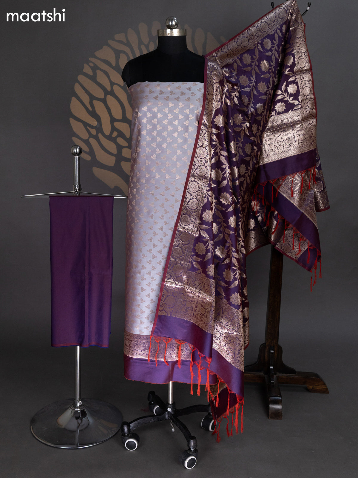 Pastel Grey and Dual Shade Of Purple Banarasi Silk Dress Material With Allover Zari Buttas