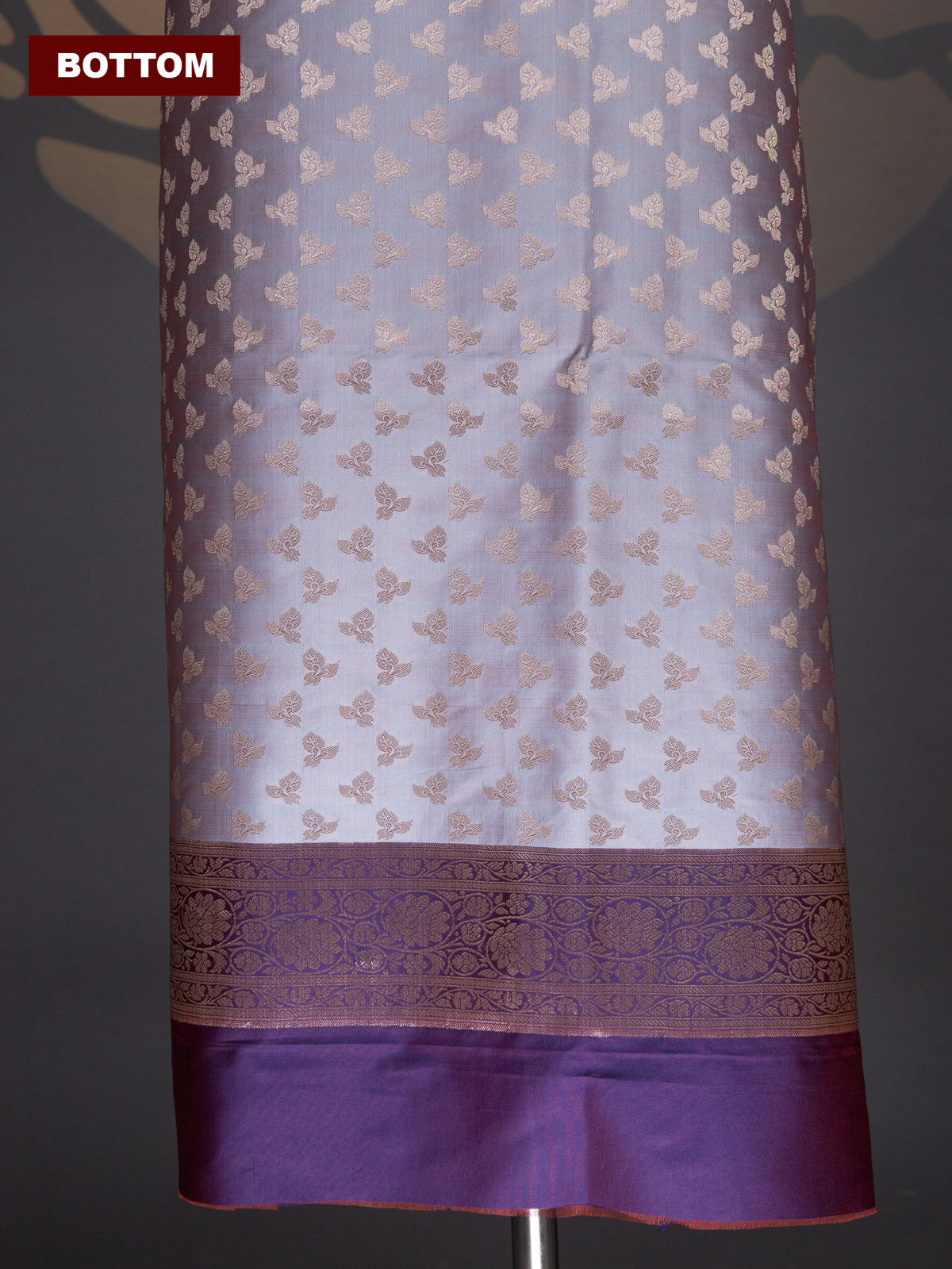 Pastel Grey and Dual Shade Of Purple Banarasi Silk Dress Material With Allover Zari Buttas