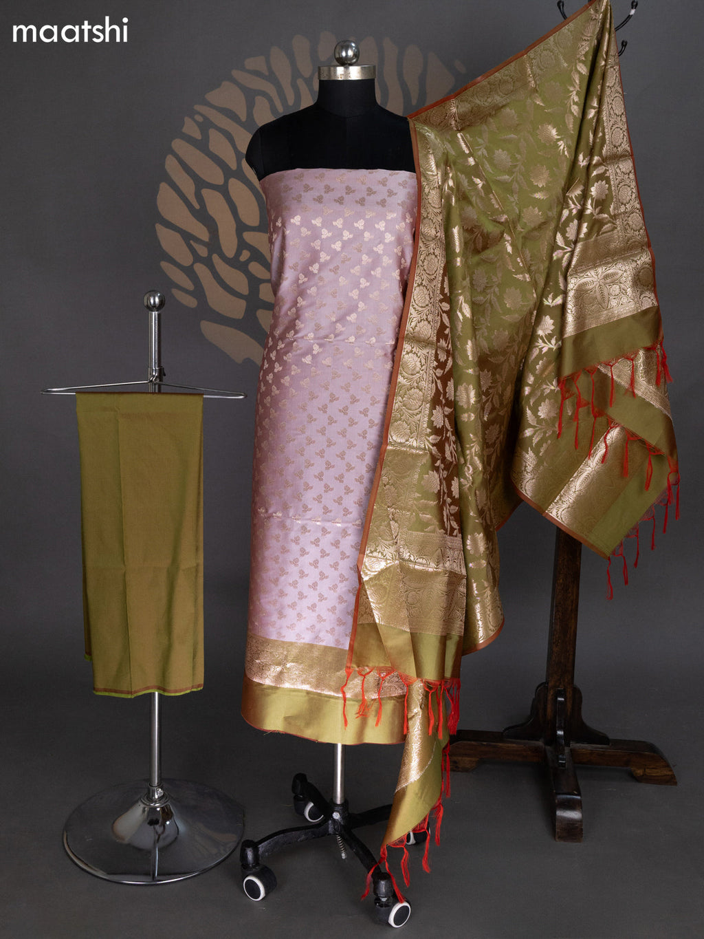 Dual Shade Of Grey and Dual Shade Of Pink Banarasi Silk Dress Material With Allover Zari Buttas
