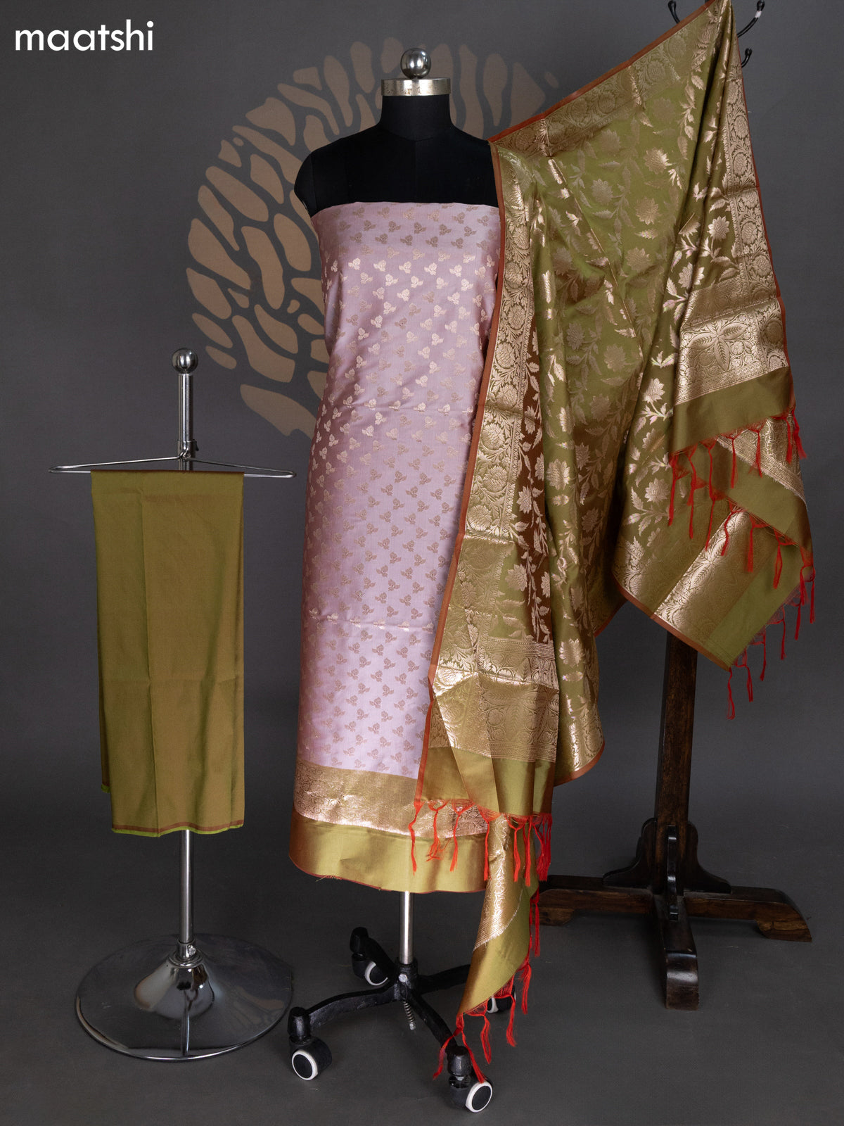 Dual Shade Of Grey and Dual Shade Of Pink Banarasi Silk Dress Material With Allover Zari Buttas