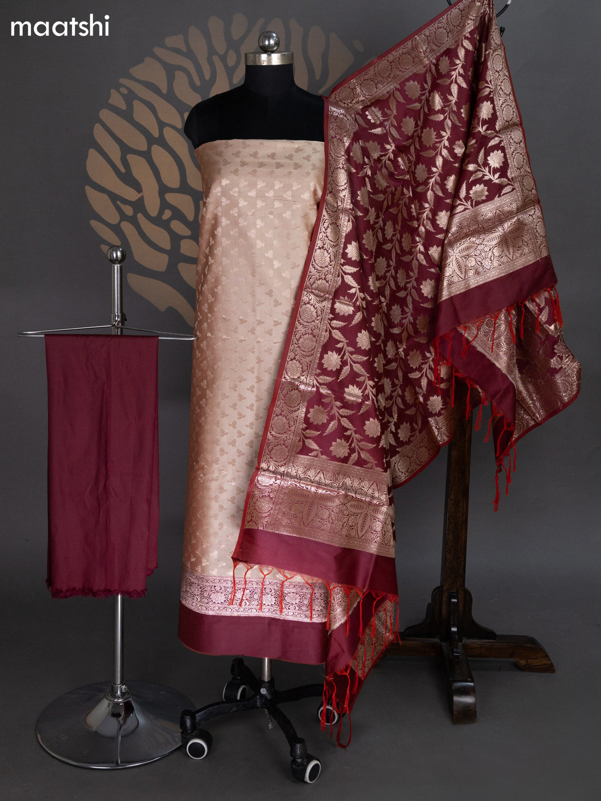 Dual Shade Of Sandal and Maroon Banarasi Silk Dress Material With Allover Zari Buttas