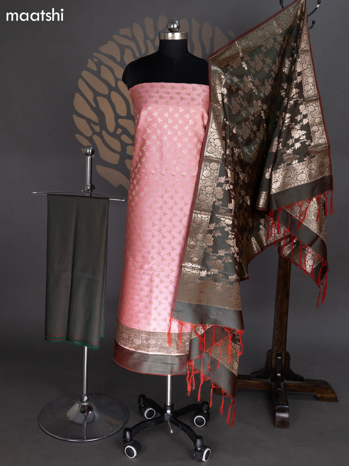 Peach Pink and Dual Shade Of Green Banarasi Silk Dress Material With Allover Zari Buttas