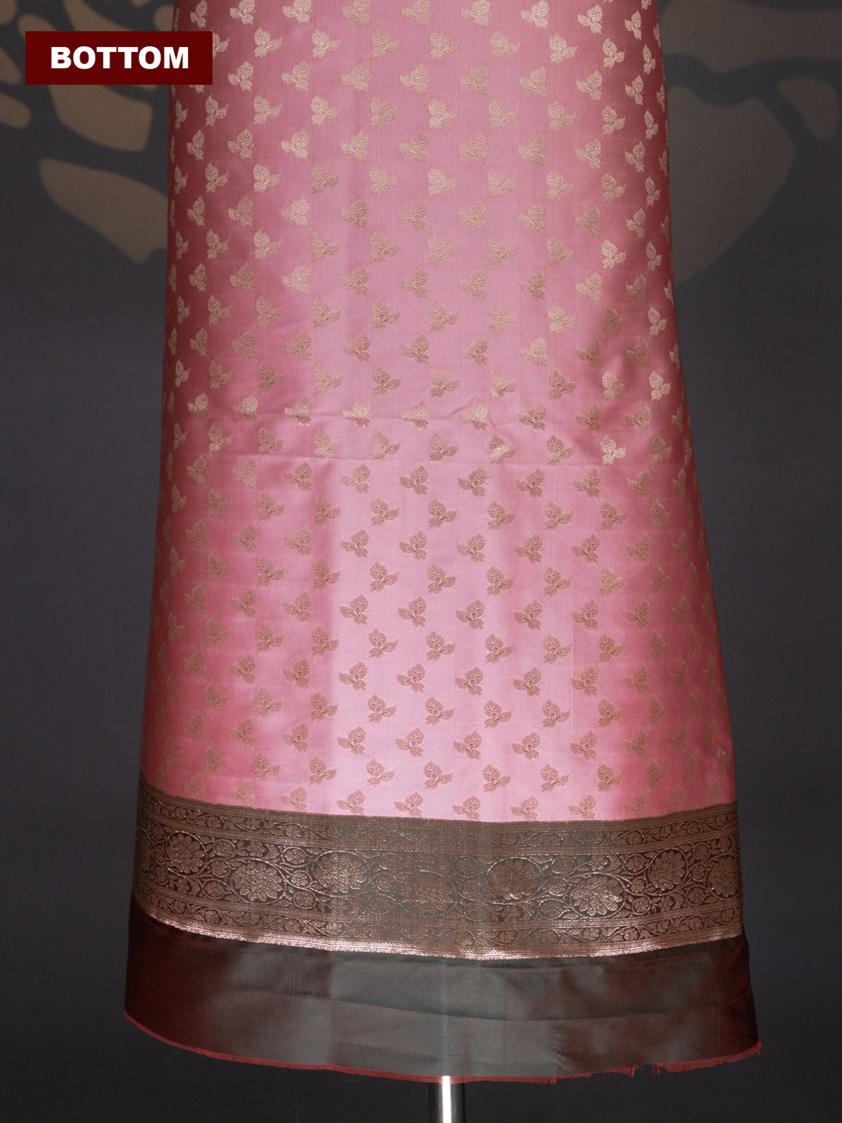 Peach Pink and Dual Shade Of Green Banarasi Silk Dress Material With Allover Zari Buttas