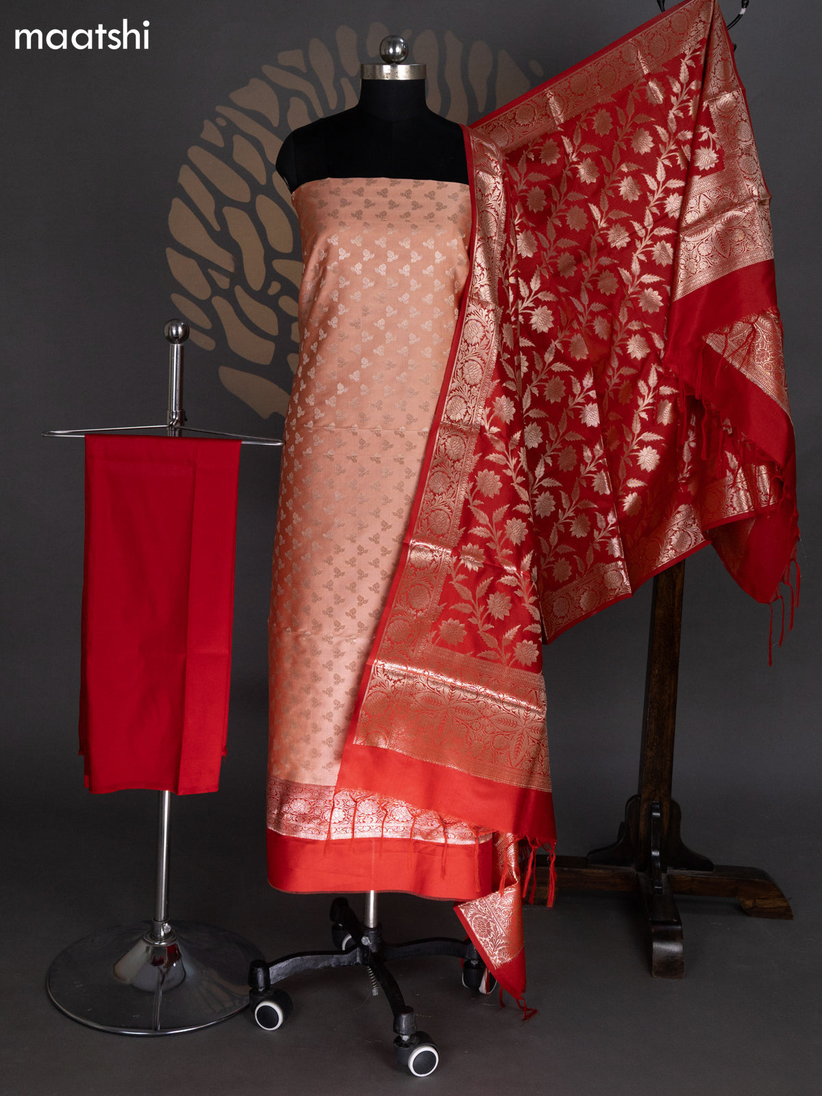Peach and Red Banarasi Silk Dress Material With Allover Zari Buttas
