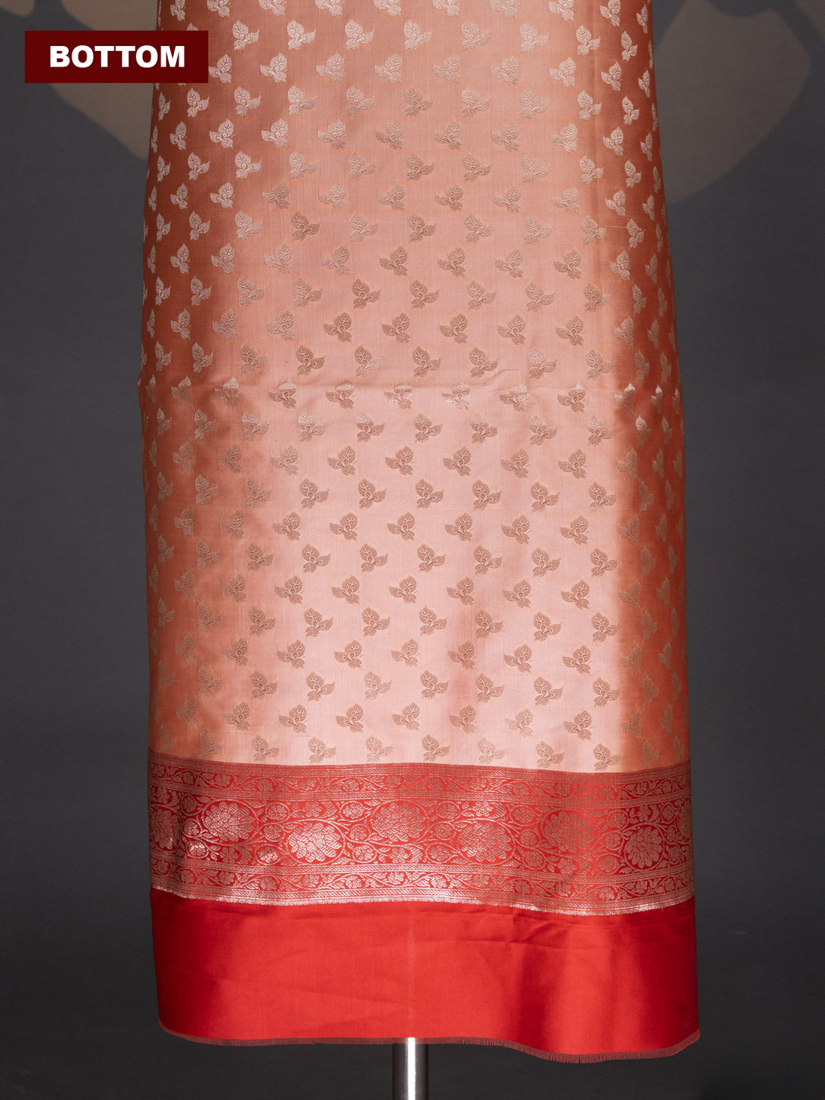 Peach and Red Banarasi Silk Dress Material With Allover Zari Buttas