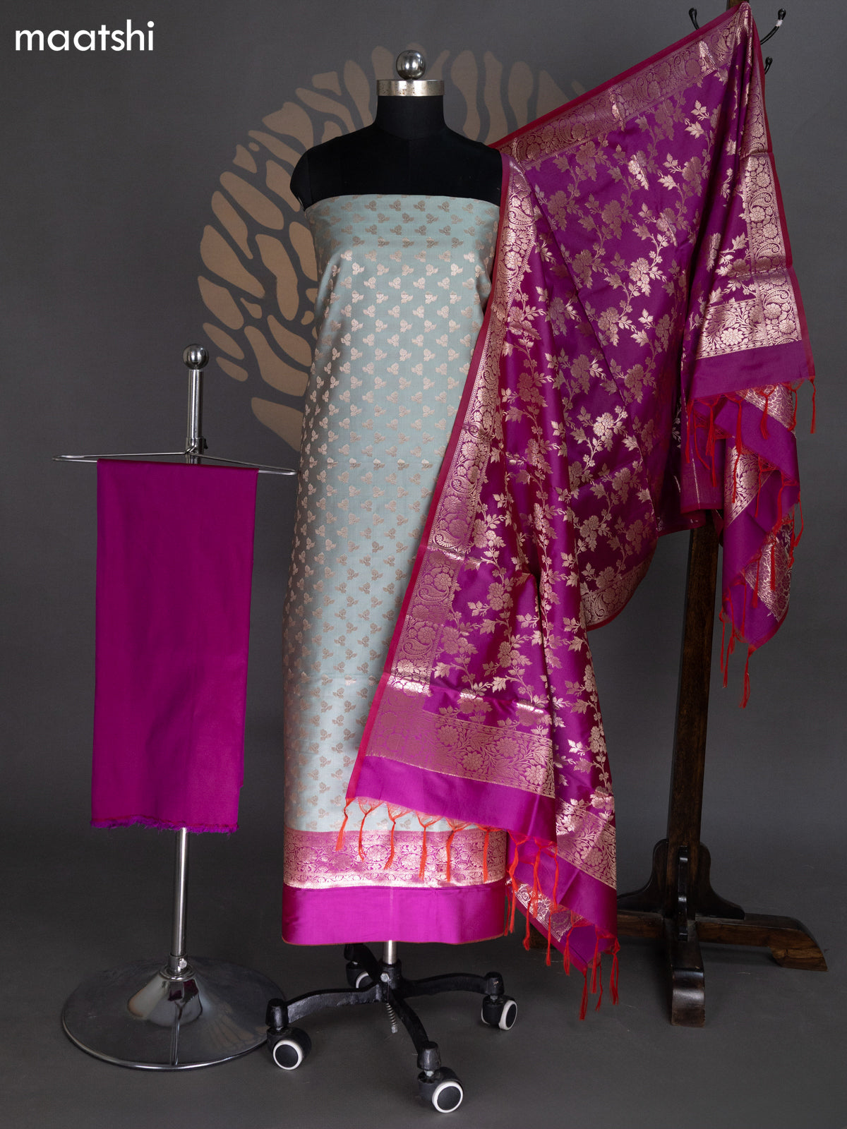 Pastel Green and Magenta Pink Banarasi Silk Dress Material With Allover Zari Buttas