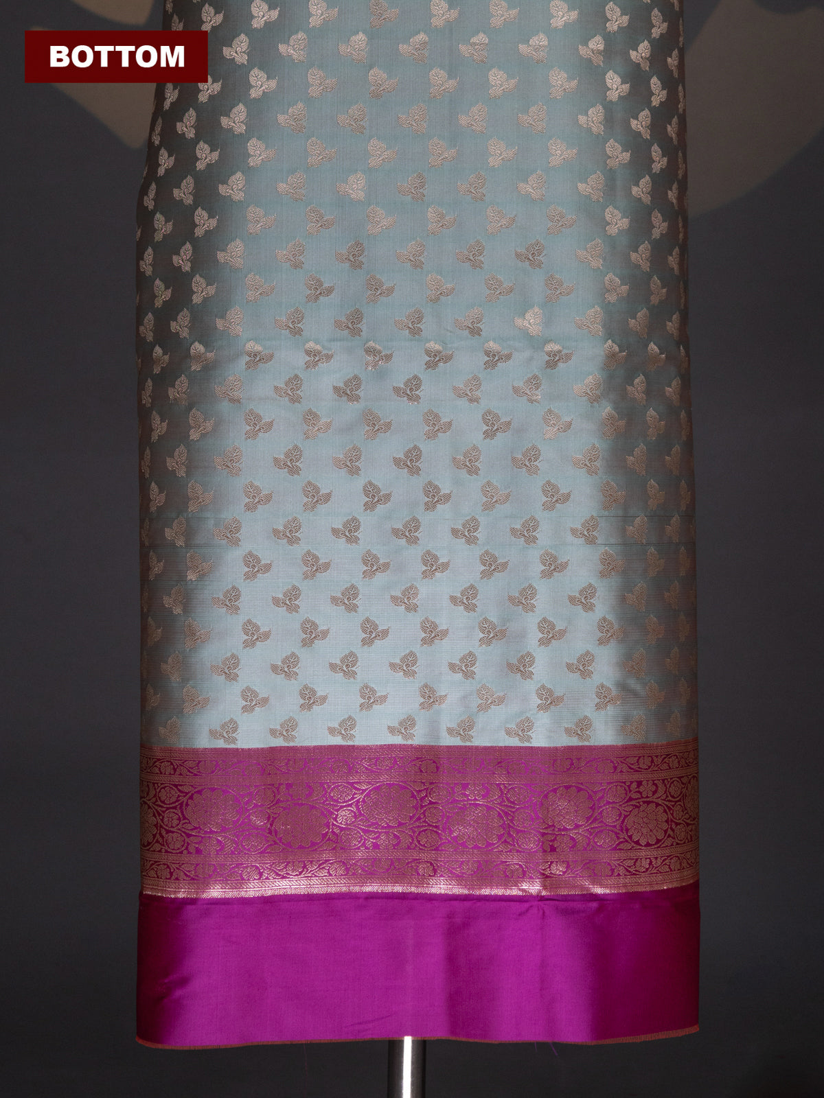 Pastel Green and Magenta Pink Banarasi Silk Dress Material With Allover Zari Buttas