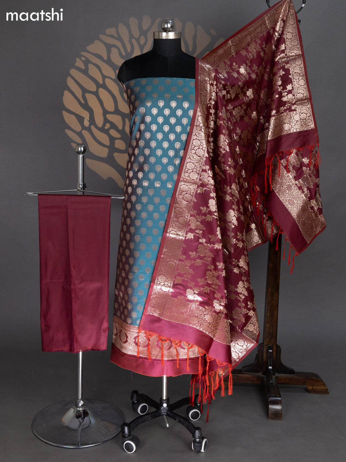 Peacock Green and Maroon Banarasi Silk Dress Material With Allover Zari Buttas