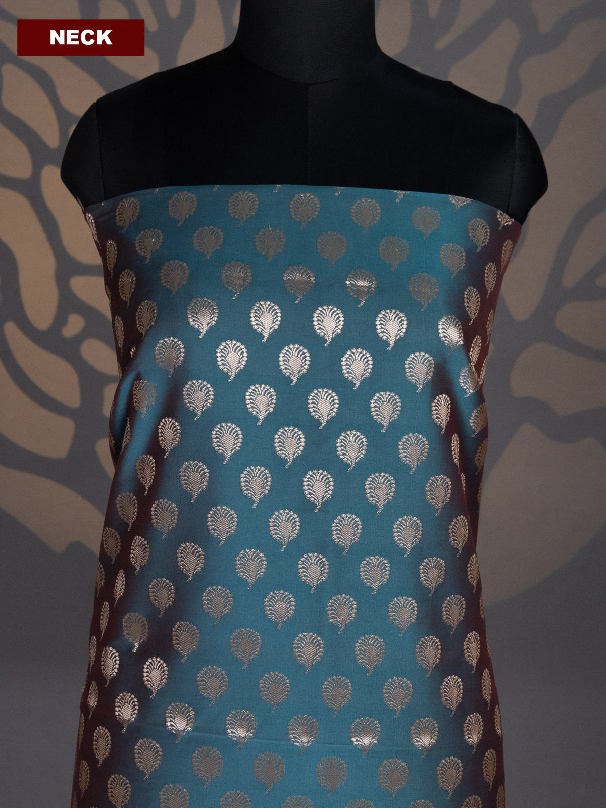 Peacock Green and Maroon Banarasi Silk Dress Material With Allover Zari Buttas