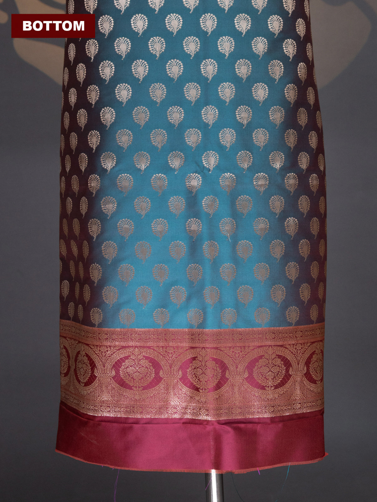 Peacock Green and Maroon Banarasi Silk Dress Material With Allover Zari Buttas