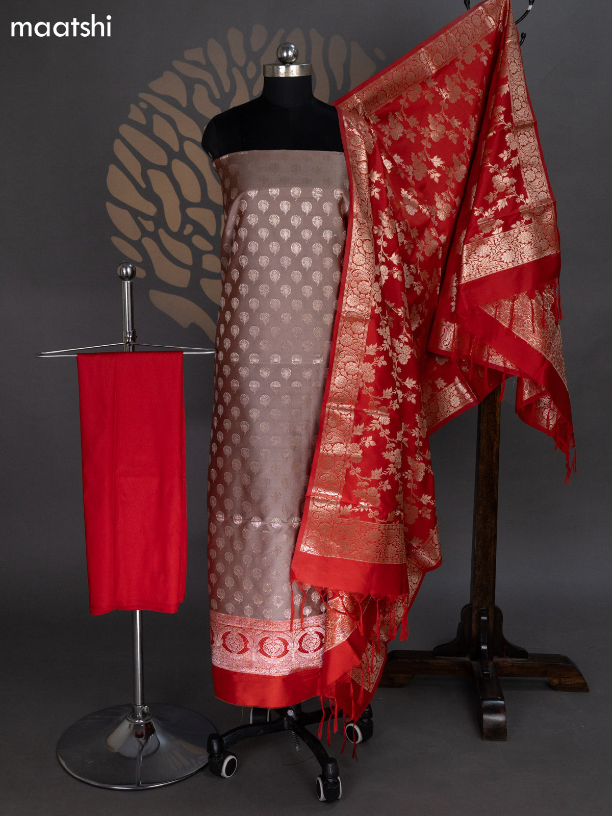Pastel Brown and Red Banarasi Silk Dress Material With Allover Zari Buttas
