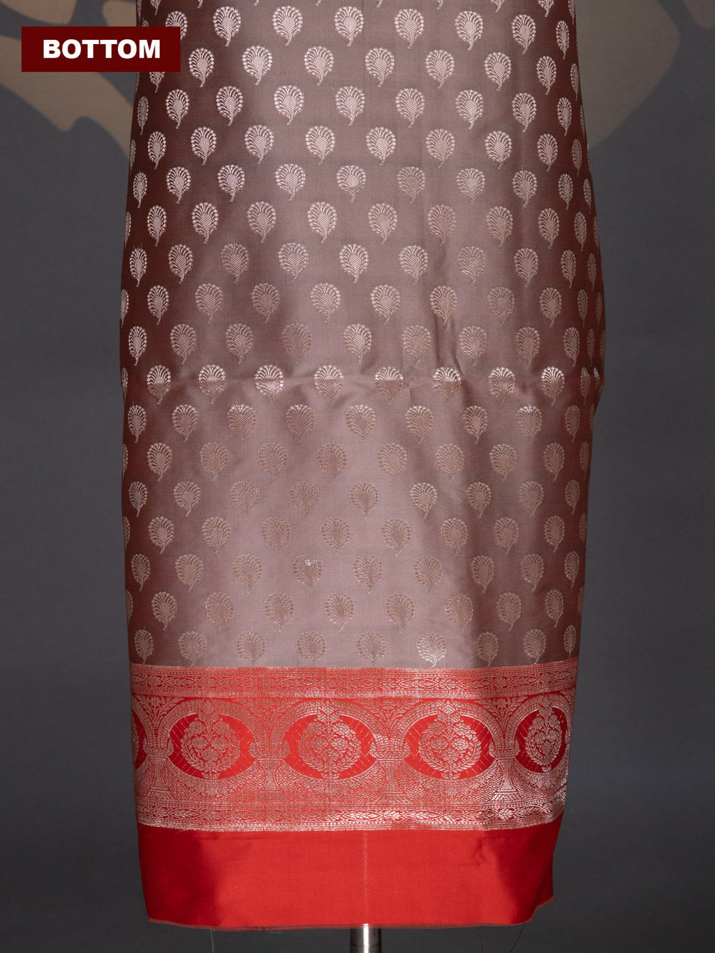 Pastel Brown and Red Banarasi Silk Dress Material With Allover Zari Buttas