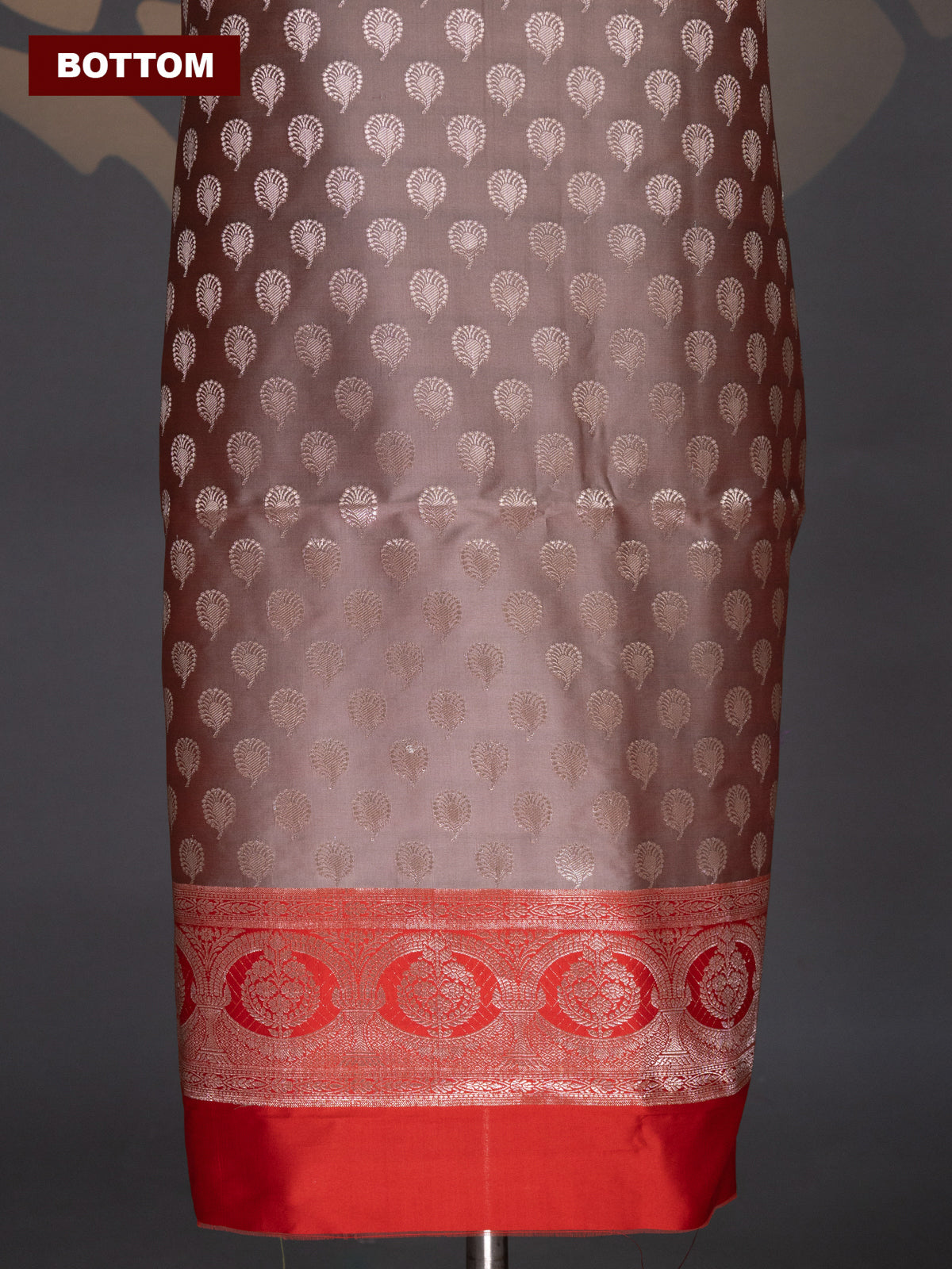 Pastel Brown and Red Banarasi Silk Dress Material With Allover Zari Buttas