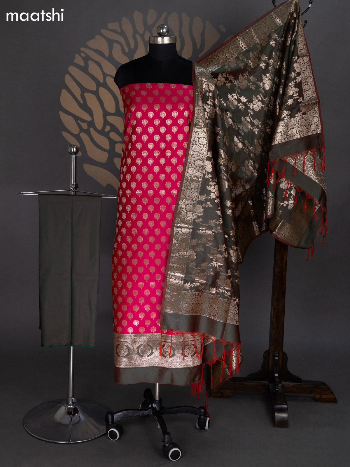 Pink and Dual Shade Of Green Banarasi Silk Dress Material With Allover Zari Buttas