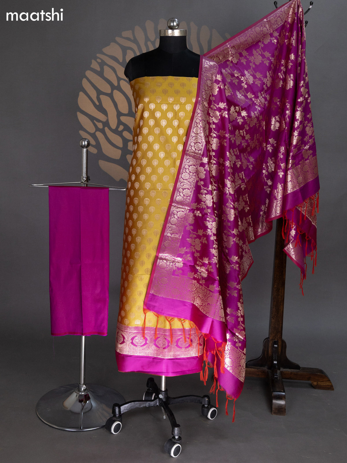 Mustard Yellow and Dual Shade Of Magenta Pink Banarasi Silk Dress Material With Allover Zari Buttas