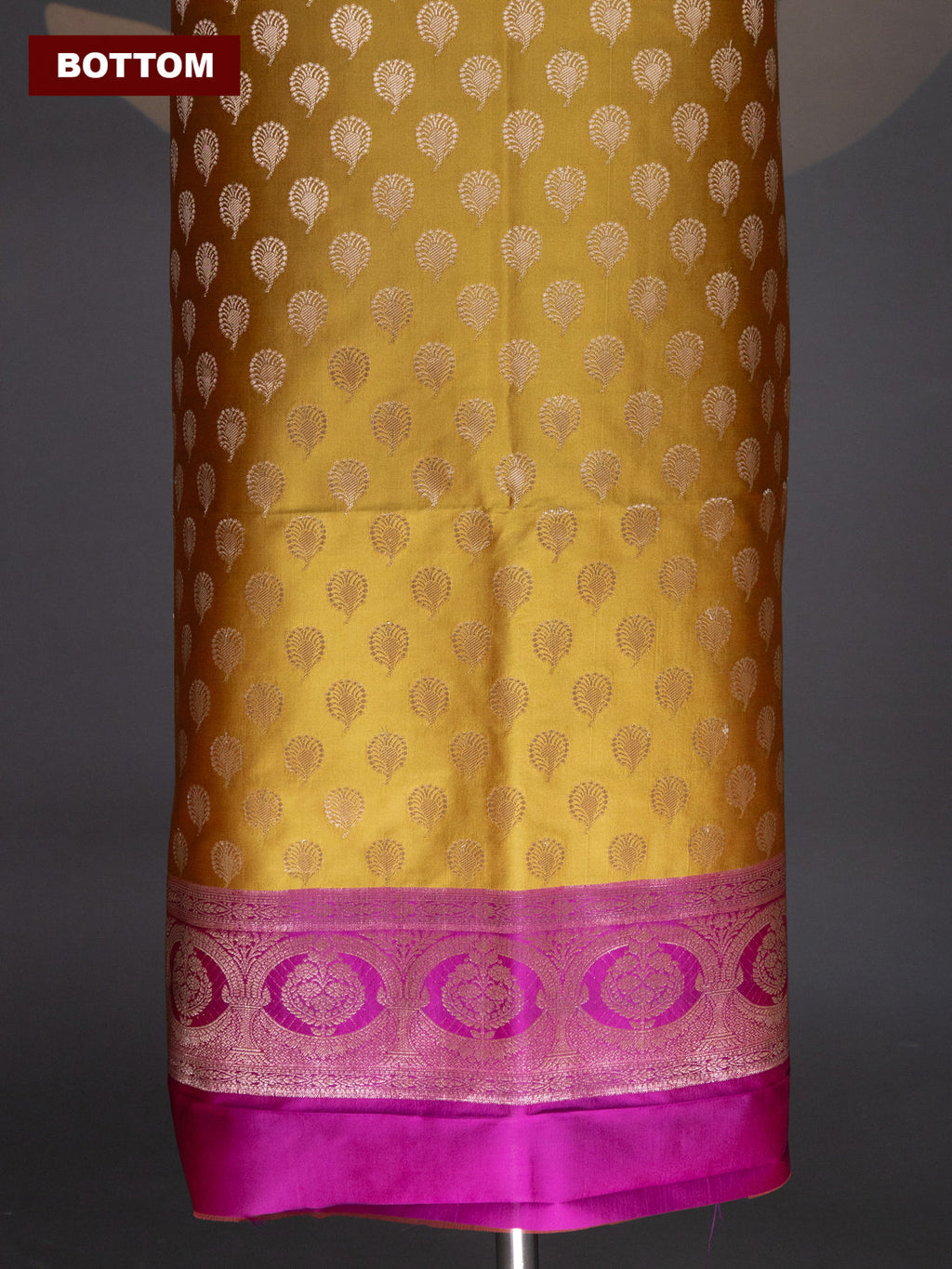 Mustard Yellow and Dual Shade Of Magenta Pink Banarasi Silk Dress Material With Allover Zari Buttas