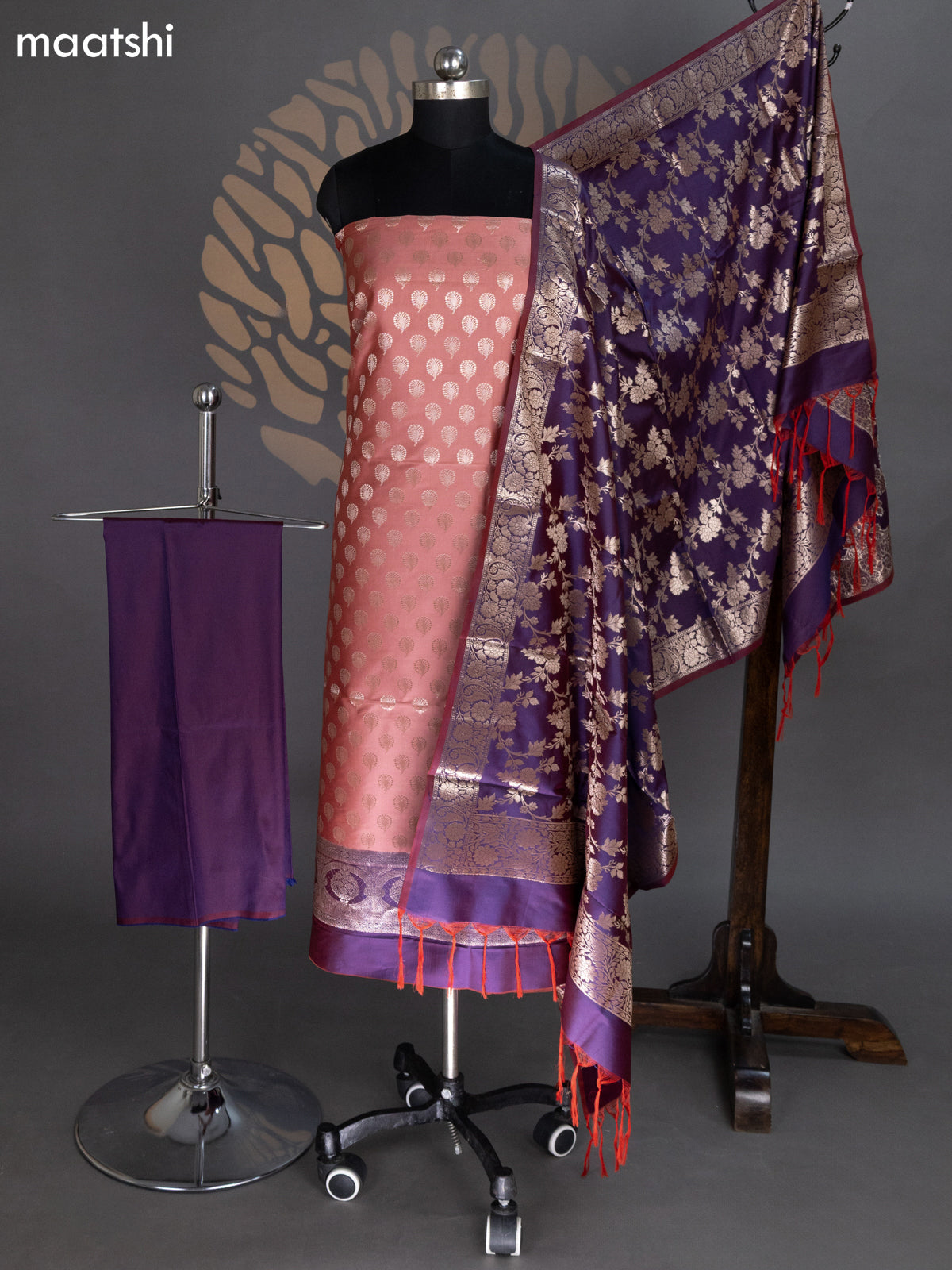 Peach and Dual Shade Of Purple Banarasi Silk Dress Material With Allover Zari Buttas