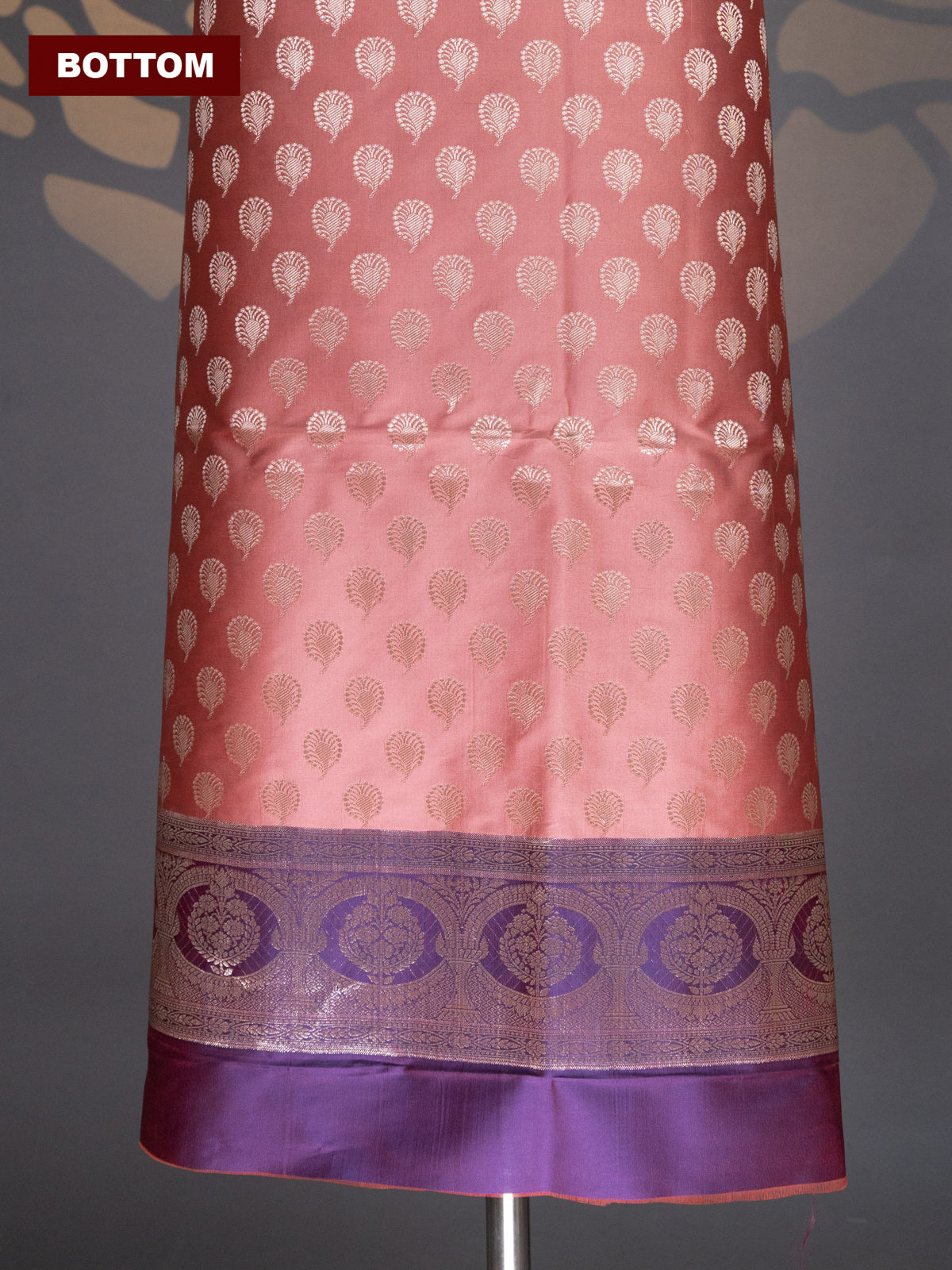 Peach and Dual Shade Of Purple Banarasi Silk Dress Material With Allover Zari Buttas
