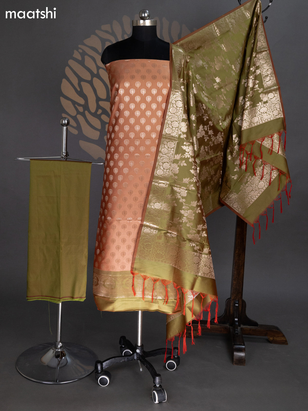 Dark Peach and Dual Shade Of Green Banarasi Silk Dress Material With Allover Zari Buttas