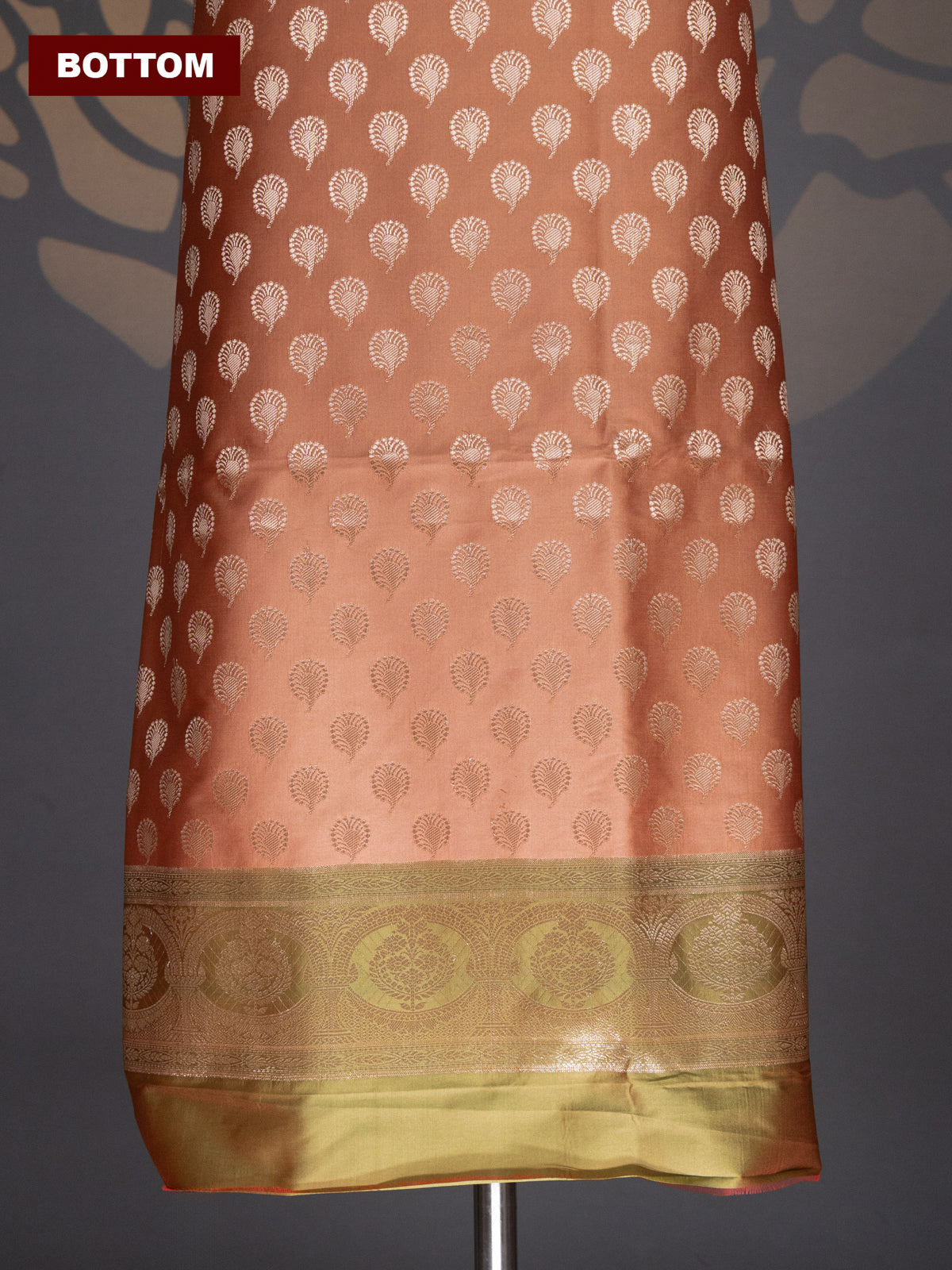 Dark Peach and Dual Shade Of Green Banarasi Silk Dress Material With Allover Zari Buttas