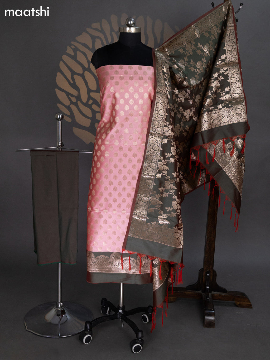 Peach Pink and Dual Shade Of Green Banarasi Silk Dress Material With Allover Zari Buttas